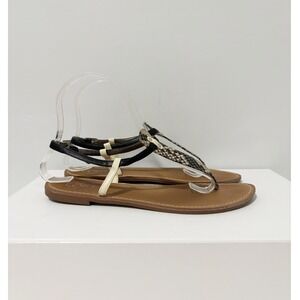 LOFT Sandals Women 7M Brown Snakeskin Print T-Strap Ankle Buckle Flat Shoes